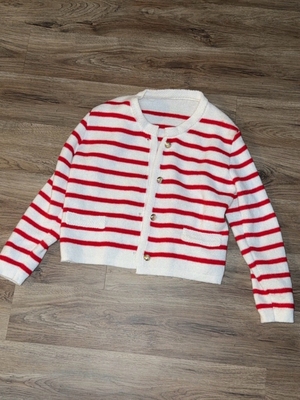 Striped Red and White Cropped Button Cardigan